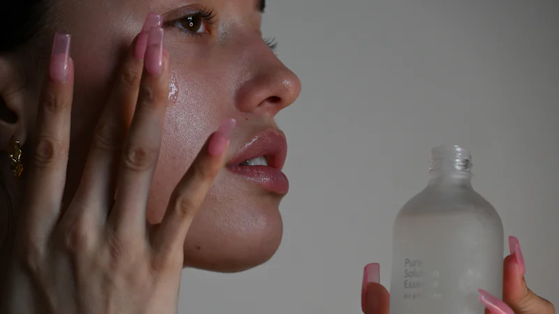 Bàn tay đang thoa một lớp serum mỏng lên gò má, minh họa bước dùng serum trong quy trình chăm sóc da