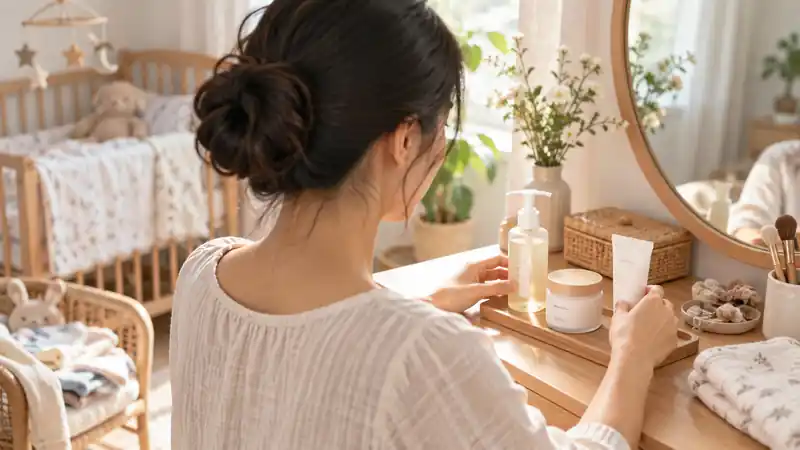 Mẹ sau sinh chuẩn bị các sản phẩm chăm sóc da dịu nhẹ