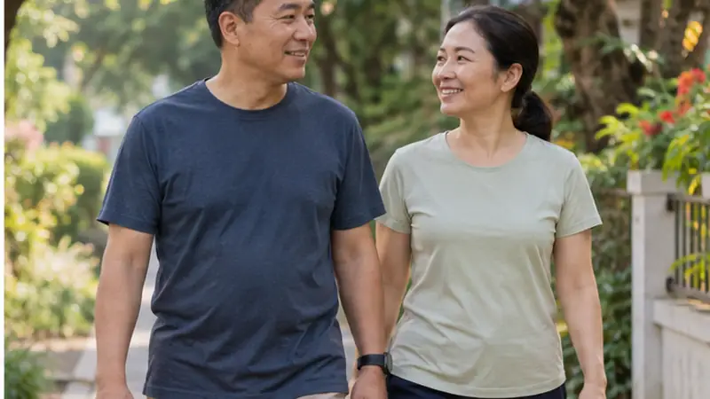 Hai người trưởng thành đi bộ nhẹ trong khu dân cư