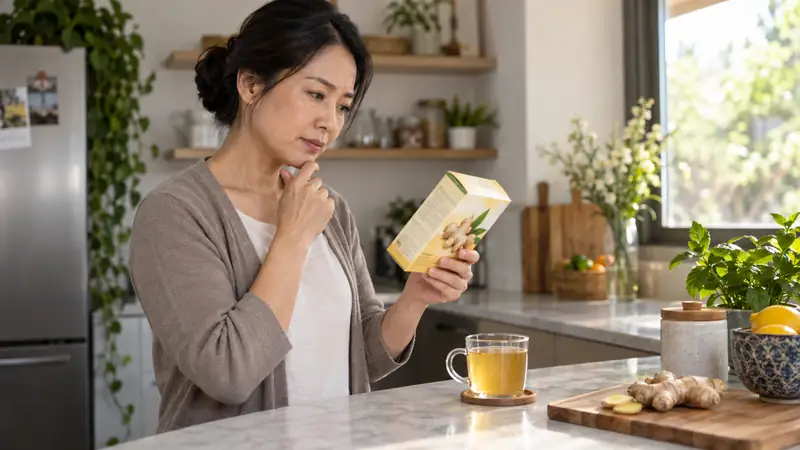Người phụ nữ đọc nhãn trà gừng trước khi dùng