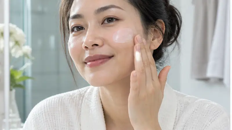 Phụ nữ thoa kem dưỡng ẩm nhẹ cho da dầu
