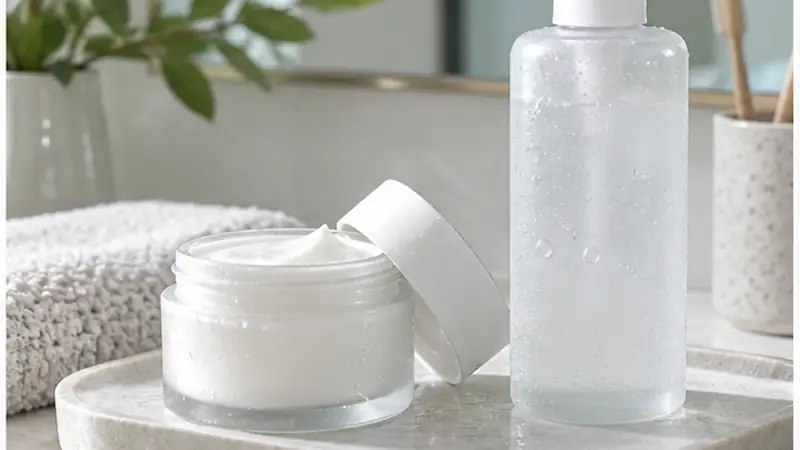 Sữa rửa mặt dịu nhẹ và kem dưỡng không nhãn trên bàn trang điểm