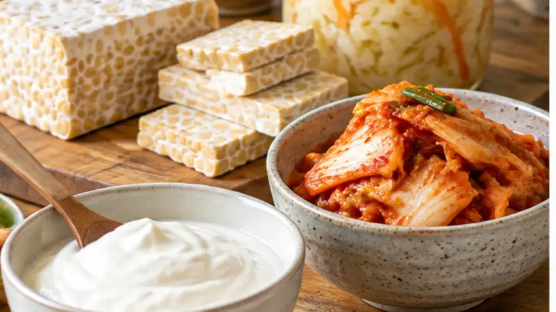 Các món lên men gồm sữa chua kimchi và tempeh