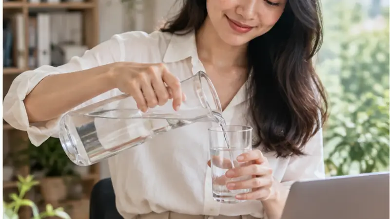 Người phụ nữ rót nước trong ngày làm việc