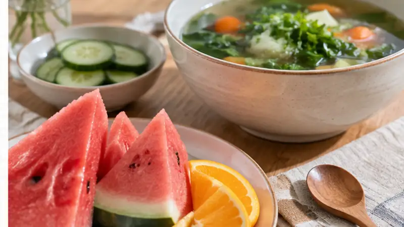 Trái cây nhiều nước và bát canh rau