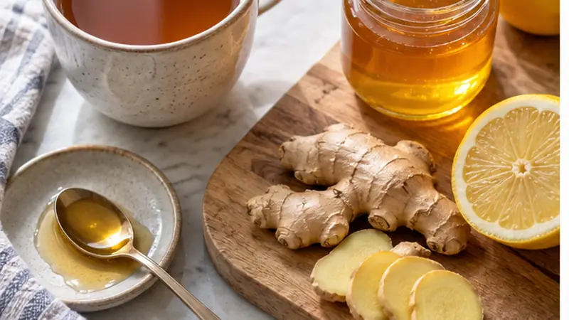 Hũ mật ong, gừng và trà không đường trên bàn bếp