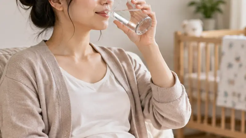 Mẹ sau sinh uống nước trong không gian nghỉ ngơi