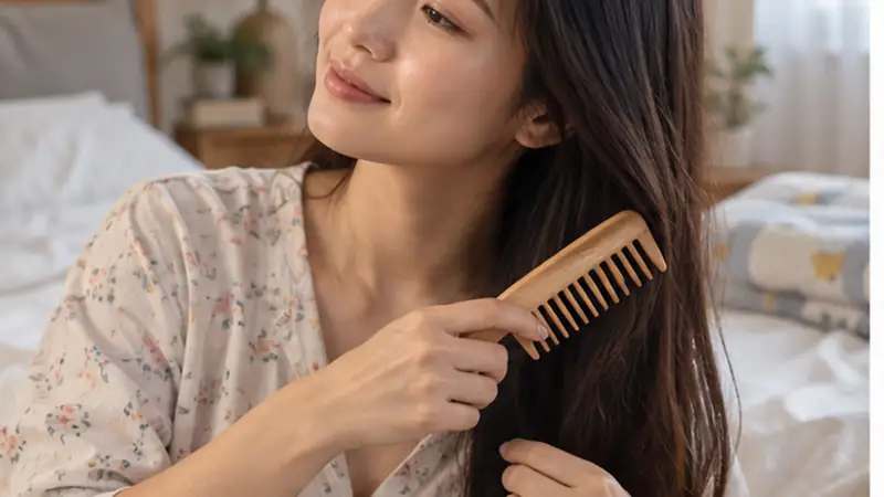 Mẹ sau sinh chải tóc nhẹ nhàng trong phòng ngủ