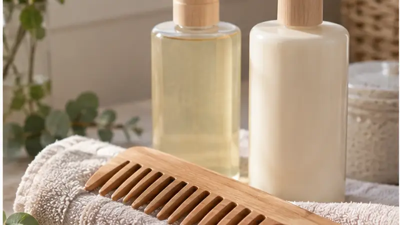 Lược răng thưa cùng dầu gội và dầu xả nhẹ trên khăn