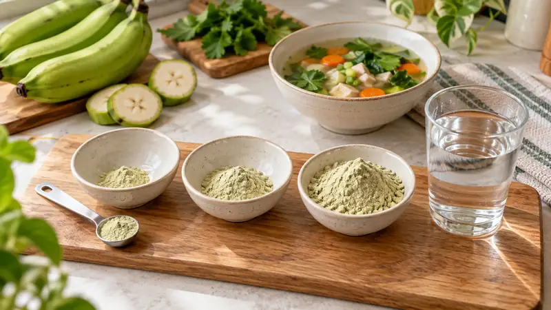 Ba lượng bột chuối xanh tăng dần cạnh ly nước