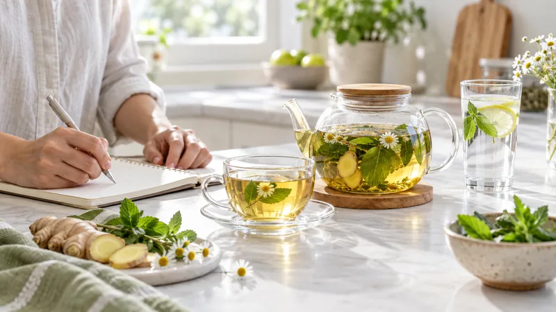 Ấm trà thảo dược bên cạnh nước lọc và sổ ghi chú