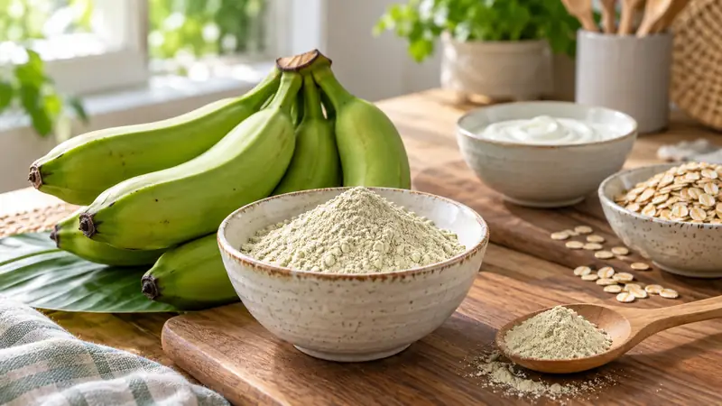 Bột chuối xanh và chuối xanh trên bàn ăn lành mạnh