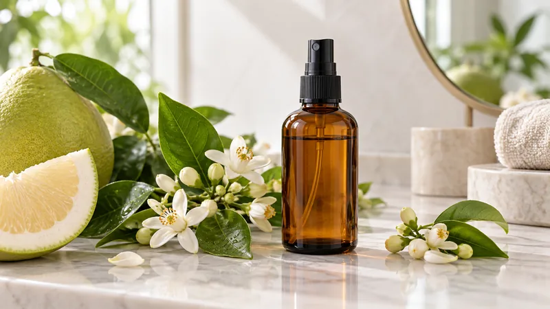 Chai xịt màu hổ phách cạnh hoa bưởi và lá xanh