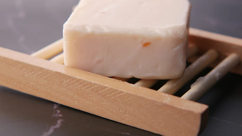 Bánh xà phòng thủ công đặt trên giá gỗ trong phòng tắm