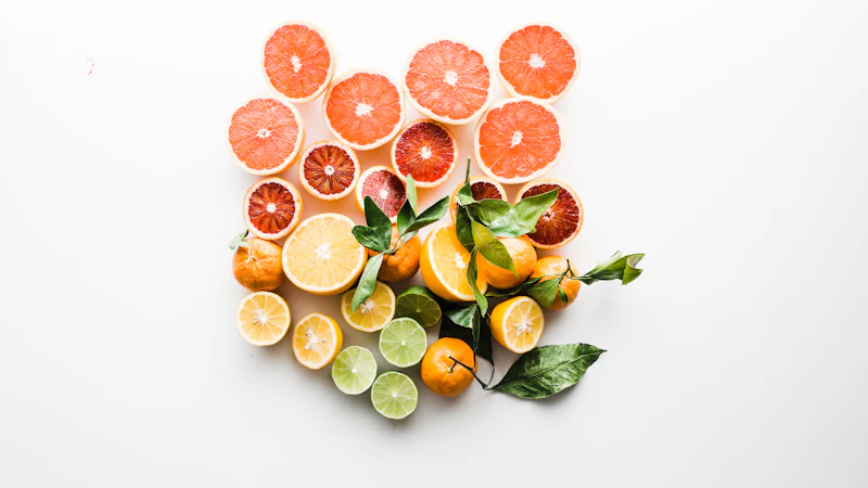 Các loại quả họ cam chanh cắt lát trên nền trắng, nguồn vitamin C cần cho quá trình tạo collagen